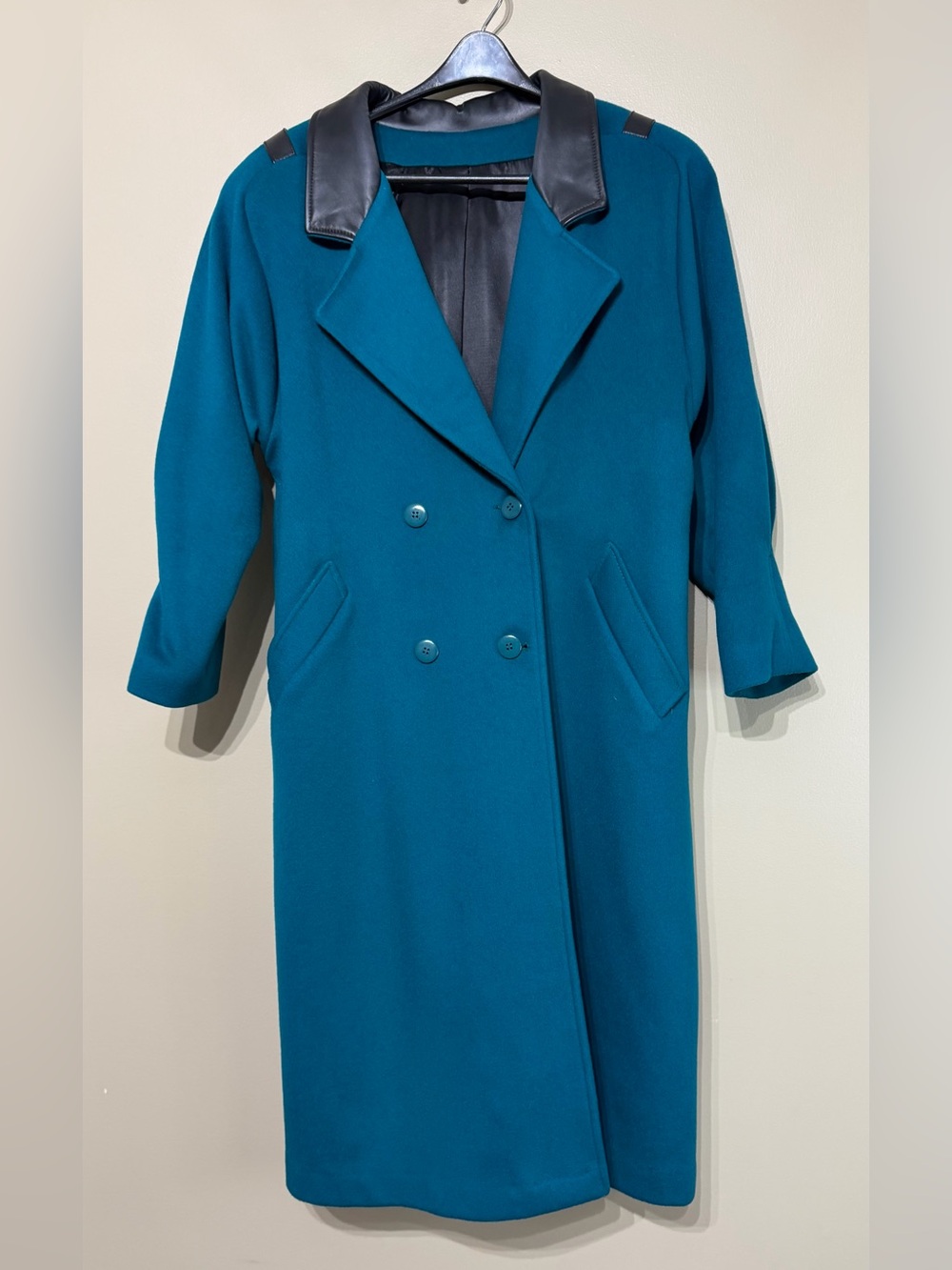 Vintage 1980’s Braemar Petites 100% Virgin Wool Teal Faux Leather Power Trench